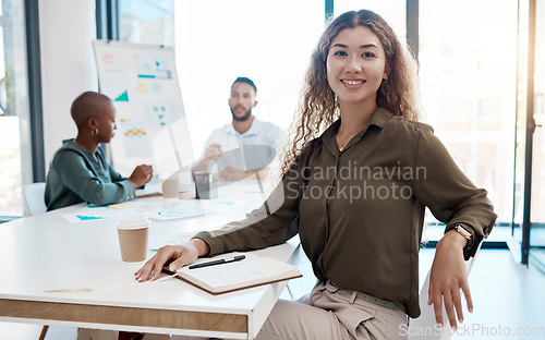 Image of Business woman, employee and startup worker in meeting at work, doing advertising partnership with team and workshop for training in office. Portrait of a happy and young entrepreneur in seminar
