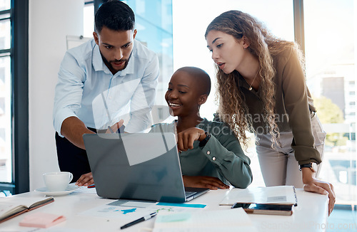 Image of Vision leadership, innovation and teamwork of a business team in office work meeting working on laptop. Diversity, corporate and finance managers planning collaboration strategy in communication