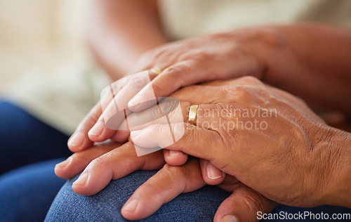 Image of Couple holding hands for support and love, gratitude for help and support and kindness in retirement in home. Elderly friends or senior people with respect, community and hope in marriage