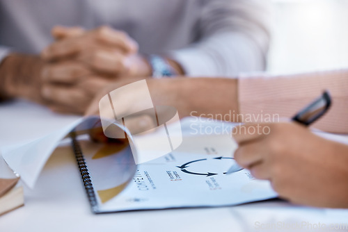 Image of Corporate, business hands and analytics in company development and documents, form or plan at the office. Employee or workers at hand together in paperwork for work goal structure, chart and cycle.