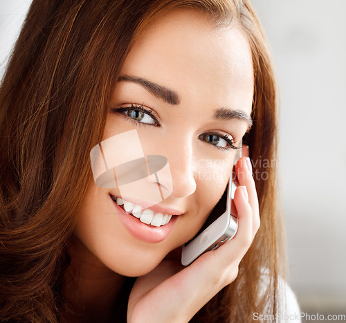 Image of Communication, conversation and contact, woman on a phone call with family or friends. Young entrepreneur with a smile, talking to client on smartphone. Support, help and a happy girl holding for crm