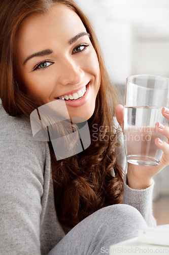 Image of Wellness, hydration and water with young woman living a balance diet lifestyle, drinking refreshing drink at home. Portrait of thirsty female on natural cleanse, enjoying health and mineral benefits