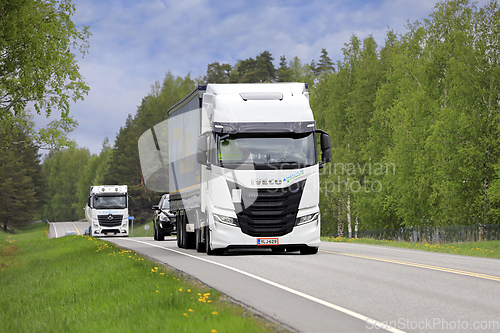 Image of Iveco S-Way Natural Power Truck Pulls Semi Trailer on Highway