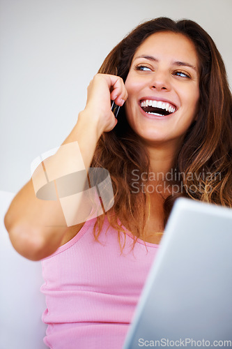 Image of Remote, working and freelance woman with phone call talking, networking and online communication or conversation on laptop technology. Smile, success and excited person with smartphone for contact us