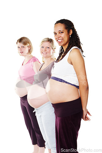 Image of Pregnant group of women in row with belly, stomach and tummy showing for maternity, healthcare and motherhood against a white studio background. Portrait of diversity community of excited happy moms