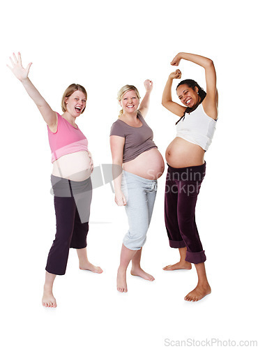 Image of Diversity, happy and pregnant women with smile in happiness for motherhood on white studio background. Portrait of a group of woman friends excited in pregnancy together to be a mother and birth.