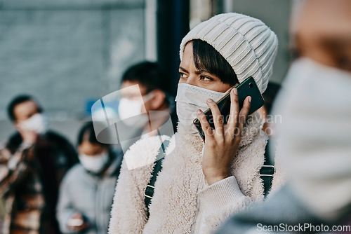 Image of Covid travel restrictions, refuge and immigration problems at a foreign border with woman on phone call looking worried, concerned or serious. Crowd, queue or line of traveling people at the airport