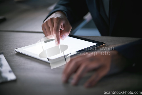 Image of Tablet, hands and technology with a business man working on wireless tech in his office at work. 5g, wifi and social media with a male employee or worker planning on a calendar or schedule online