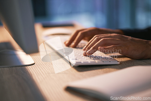 Image of Hands of business person typing on computer keyboard in office at work, working on pc programming and networking on technology at desk. Programmer coding on web, writing email and networking online