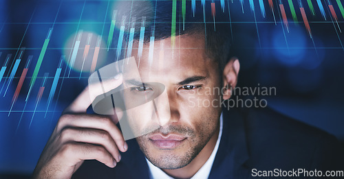 Image of Bitcoin, crypto and stock market trader thinking of financial price data analysis on his computer screen monitor. Man working on a cryptocurrency trading strategy for forex investment profit growth