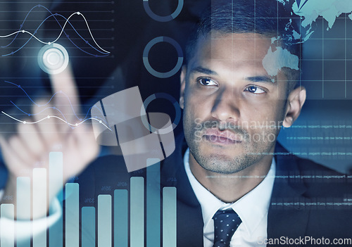 Image of Digital infographics, web graphs and futuristic interface screen for charts, data and stats of business man coding in work office. Face of website developer reading analytics and research on tech