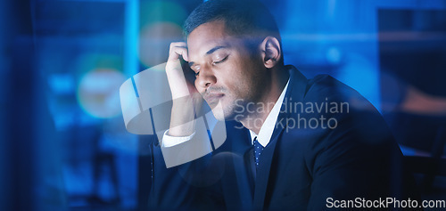 Image of Tired, sleeping and burnout for night worker, latino business man or company employee. Stress, mental health depression or anxiety for overtime working corporate businessman bored at office room desk