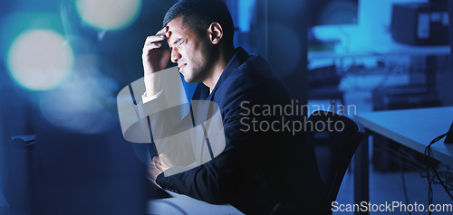 Image of Headache, mental health and businessman in pain due to migraine caused by stress, anxiety and burnout at work. Accounting professional feeling overwhelmed, frustrated and fatigue on his computer desk