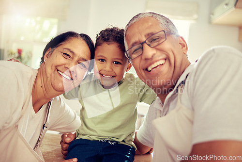 Image of Grandparents, grandkid and family smile, happy and playing together at home. Portrait face of love, bond and relaxing elderly grandma, grandpa and young kid for funny, care and childhood development