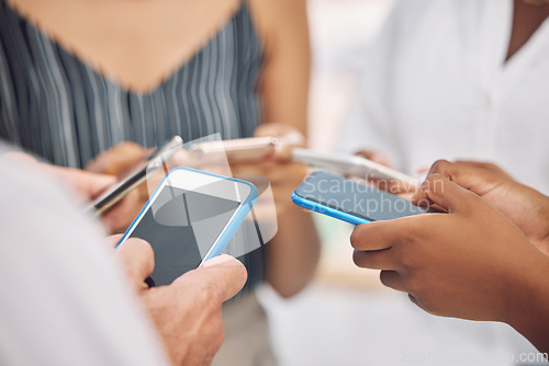 Image of Phone, social media communication and 5g internet of technology community or friends together. Online, mobile and web search of hands typing and streaming content on digital devices in a group circle