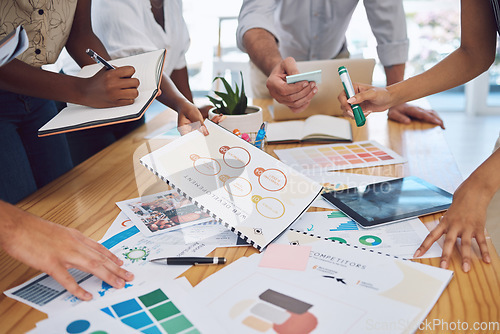 Image of Finance business people planning with documents in meeting, talking with financial paperwork in workshop and writing data and stats in book with team. Accountant workers in accounting collaboration