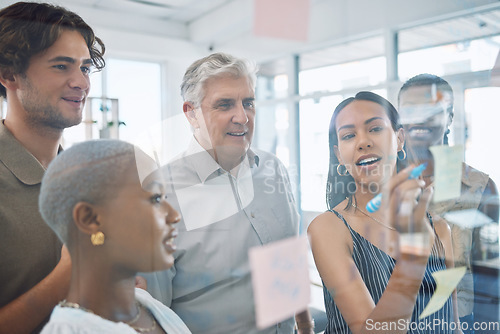 Image of Business people planning with sticky note in meeting, team collaboration during presentation on glass in office and teaching analytics to employee in workshop. Manager training workers on strategy