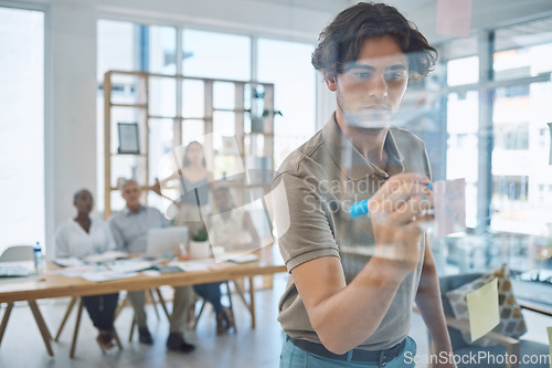 Image of Businessman writing, planning and brainstorming on board in a collaboration meeting. Productive or creative project management people with vision, ideas or mindset for company or business innovation