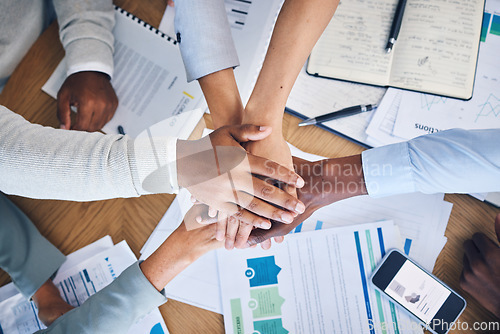 Image of Teamwork, office and collaboration of hands at work together to show job community and support. Diversity of business team ready for working on a digital sales market project, strategy and innovation