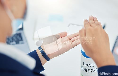 Image of Business woman hands sanitizer, covid hygiene and office protocol for healthcare safety, corona virus protection and cleaning compliance. Responsible work disinfection of germs, bacteria and flu risk