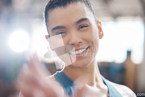 Image of Fitness, health and training with a portrait of a personal trainer looking happy and ready to assist on a gym membership. Smiling woman excited about a balanced lifestyle with exercise and coaching