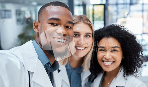 Image of Doctor, healthcare and selfie with a medicine team of medical staff working together in a hospital or clinic. Health, wellness and collaboration with a group you can trust with your treatment or care