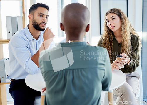 Image of Business meeting, serious discussion or b2b negotiation with HR, leader or manager at a table . Communication, advisor or mentor talking, explaining and planning with team for problem solving idea