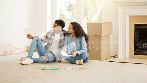 Image of Couple, homeowner and room color paint choice together for house wall renovation and decoration. Young woman and man in relationship deciding on home repair and remodeling interior palette.