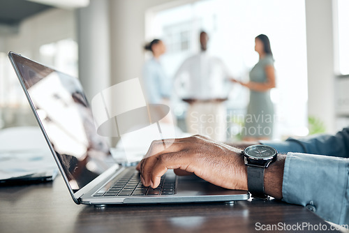 Image of Hands typing, research and working business man on a work laptop busy with marketing data. Online planning, digital web search and internet browsing black male marketer writing email indoors on tech.