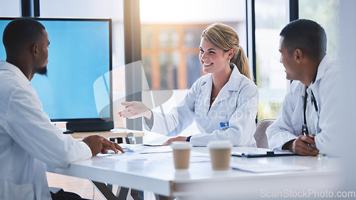 Image of Doctor collaboration and medical innovation discussion in meeting by diverse group, happy and smiling. Health care professional sharing vision and mission while doing drug trial review and analysis