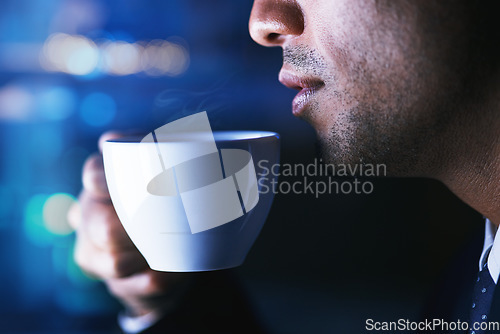 Image of Coffee, relax and man breathing in aroma of beverage after work in bokeh at night. Break, face and person taking in aromatic smell or tasting delicious fresh espresso, caffeine or cappuccino.