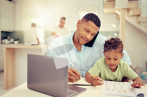 Image of Remote, business man and parent multitasking with child at home, talking on phone call and help with homework. Productive single father online project management while discuss strategy and balance