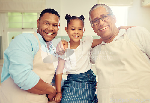 Image of Portrait of happy family after cooking or baking in a kitchen together in a house. Father, grandpa and girl bonding with a smile, happiness and love during sweet and loving moments in kitchen