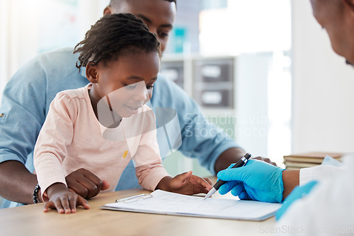 Image of Family medical doctor consulting child, african girl smile and black man in healthcare hospital room communication. Check patient insurance information, dad holding kid and prescription of medication