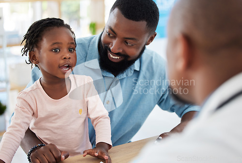 Image of Kids doctor, black family and consulting hospital worker in medical, insurance or healthcare help. Girl, happy father and pediatric employee in conversation or communication in children wellness room