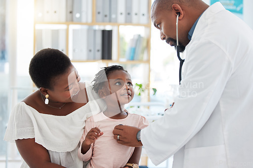 Image of Heart doctor, mother and child at a hospital for checkup, examination or medical advice at a clinic. Black healthcare man in cardiology checking little girl patient in medicare, examine appointment.