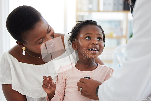 Image of Pediatrics doctor with stethoscope, mother and child in consultation office. Happy mom and toddler kid in clinic exam checkup or appointment with healthcare worker listening for heart and baby health