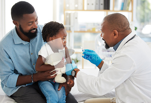 Image of Child doctor, pediatrician vaccine and healthcare facility with a kid patient and father for vaccination. Children and family hospital or clinic with medical consultant work to get a girl healthy