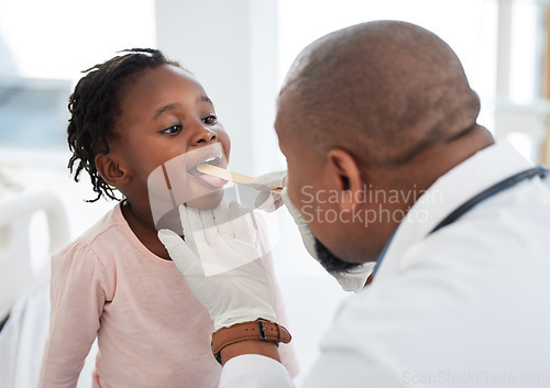 Image of Children doctor, tongue and throat exam in healthcare hospital, wellness room and medical consulting clinic. Medicine worker, employee and man with trust and support for girl in covid mouth analysis