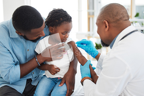 Image of Covid, dengue and medical vaccine of a child with father and kid doctor or pediatrician. Healthcare worker work and help with medicine injection in a family hospital, baby clinic or health facility