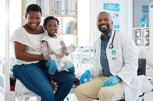 Image of Black people consulting pediatrician family doctor for patient healthcare service, medical help and wellness checkup in clinic surgery. Portrait smile, happy and trust african gp with healthy advice