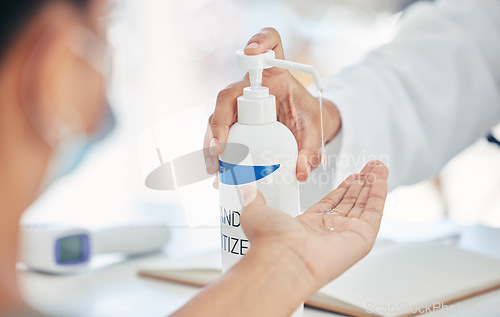 Image of Hands, sanitize and safety from bacteria, corona or germs for protection during flu season. Clean covid products for cleaning, hygiene and safe living from disease virus, illness or virus