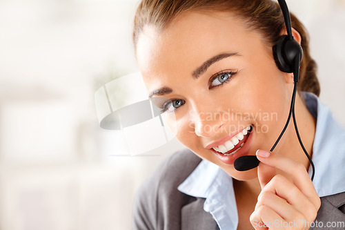 Image of Woman, call center and contact us worker in customer service, support employee and communication office. Smile portrait of happy receptionist, sales telemarketing consultant and crm consulting agent