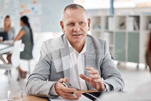 Image of Businessman planning in meeting at work, interview with employee at legal startup company and recruitment of worker. Lawyer, manager and corporate boss in contract discussion in business partnership