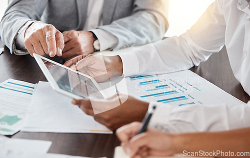 Image of Team in marketing, analyse tablet and data kpi while planning operations. Corporate meeting on advertising growth with charts online. Workers use hands to plan and discuss big data strategy.