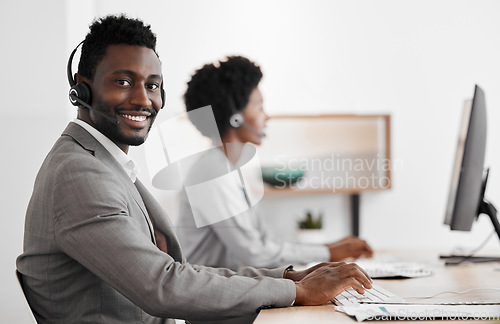 Image of Web customer support and internet business man on a online help consultation. Portrait of a happy internet call center employee working on digital crm tech consulting and contact us telemarketing