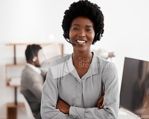 Image of Portrait of call center, customer service or telemarketing worker in an office. Happy woman consultant or assistant with headset and smile working on help desk and support online with crm system