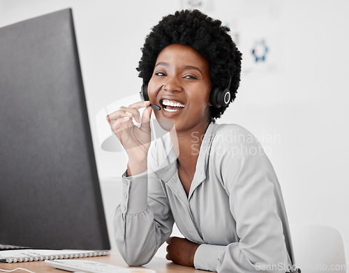 Image of Call center, customer service or help desk, corporate black woman offering online support. Confident telemarketing agent, giving customer support and expert advice or friendly and good communication.