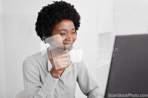Image of Call center, customer support and coffee with a woman consultant working on a computer in her office. Telemarketing, crm and contact us with a female consulting for help and service with a headset