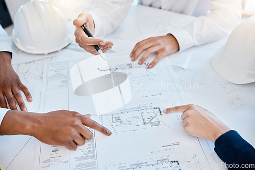 Image of Architecture, blueprint and engineering team pointing, planning and discussing construction development project with the floor plan. Collaboration with engineers and architects working on 3d design